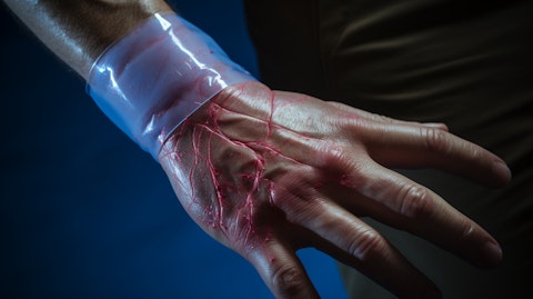 A patient with an advanced wound care product, made of advanced aqueous polymer hydrogels.