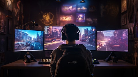 A gaming enthusiast in front of a widescreen monitor, lost in the game.
