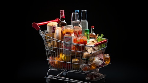 A filled shopping cart with popular food and beverage items.