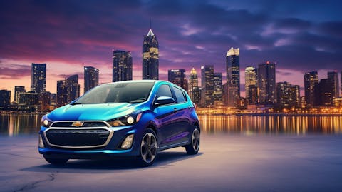 A modern car with the latest automotive electronics installed, parked in front of a city skyline.