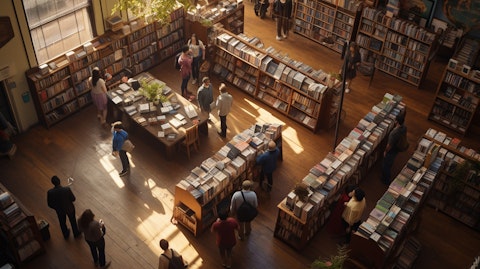 An aerial view of a well-stocked bookstore, with customers browsing inside.