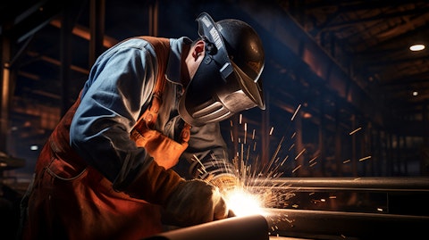 A welder diligently working on a unique steel tower in a fabrication facility.
