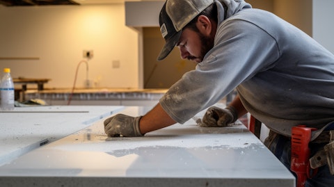 A skilled laborer prepared to install an engineered quartz countertop.