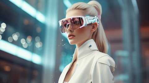 A fashion model in a stunning and stylish outfit leveraging augmented reality beauty and fashion tech.