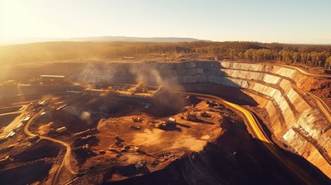 Aerial view of a precious metals mine in operation, its machinery extracting gold and silver from the earth.