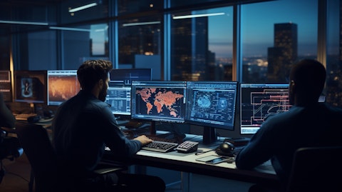 A modern software engineering team, huddled around their desks, discussing a software solution.