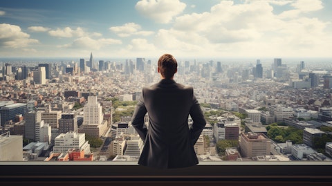 A young real estate investor looking out over a bustling city through binoculars.