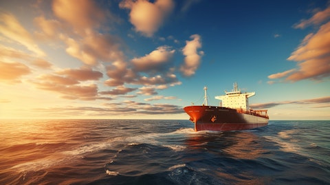 A distant view of a large oil tanker sailing across the open ocean.