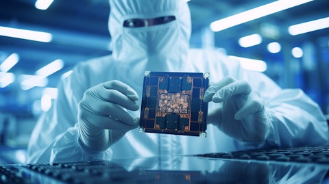 An engineer in a lab coat examining a state-of-the-art semiconductor chip.