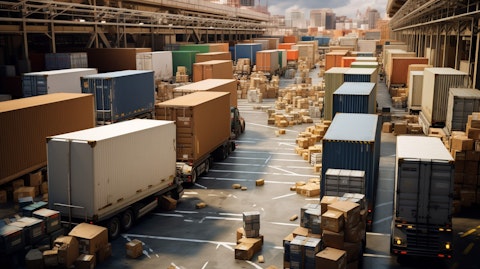 A busy truckload depot, with trucks and goods packed up for their journeys.