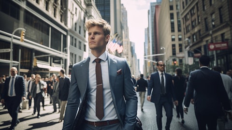 A well dressed executive walking through a bustling financial district.