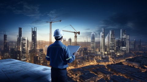 An engineer studying the blueprints of a large mechanical construction near a busy city skyline.