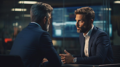 A customer passionately talking to their banker, discussing a complex financial plan.