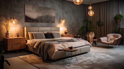 A cozy bedroom illuminated by stylish lighting fixtures sold by the company.