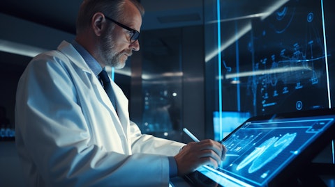 A medical professional interacting with a touch-screen device, emphasizing the company's modern approach to patient care.