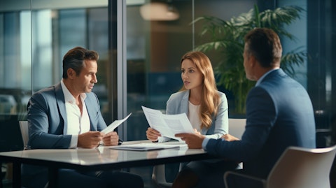 A financial advisor leading a client meeting, explaining different investment options in detail.