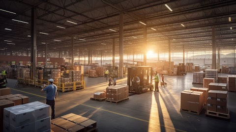 A wide open distribution center warehouse, with employees in the foreground, illuminated by the setting sun.