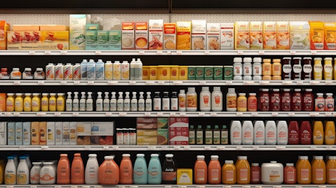 A grocery store shelf lined with the company's nutritional products.
