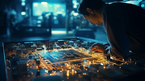 An engineer examining a complex circuit board, a cornerstone of the organization's spintronics and nanotechnology technologies.