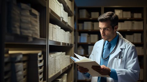 A healthcare professional examining a patient's medical records as part of a public health research initiative.