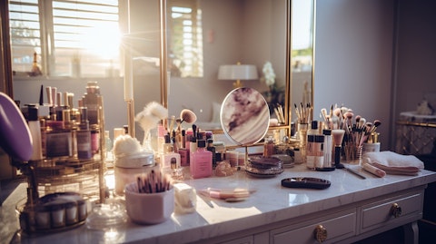 A woman applying makeup in her bathroom, showcasing the variety of beauty products available.