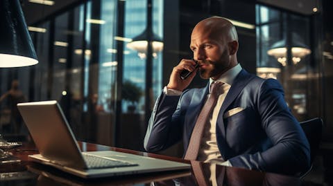 A businessman in a suit on a conference call, discussing important financial strategies.