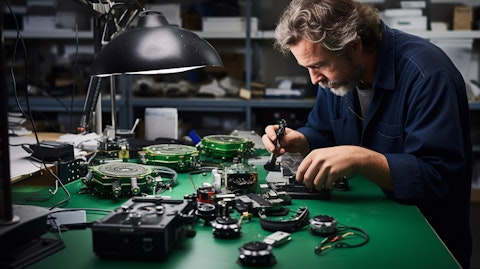 A technician in a factory environment assembling components for the company's optical backscatter reflectometers.