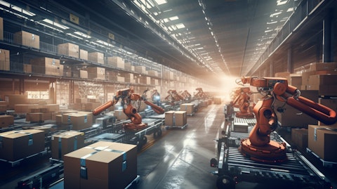 A warehouse automation system in operation, with robotic arms managing inventory efficiently.