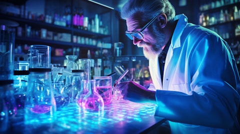 A scientist in a laboratory carefully handling a long-acting human growth hormone experiment.