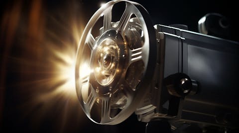 A close-up of a movie projector light casting onto a silver movie screen.