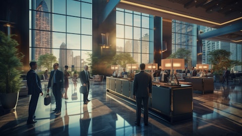 A busy upscale hotel lobby with travelers checking in and out in the foreground and the vibrant energy of the city in the background.