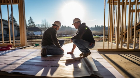 A construction worker building a new home with new flooring, and the homeowner discussing financing options.