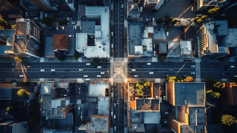 An aerial view of a city showing the presence of public safety solutions such as Shot Spotter All in One.