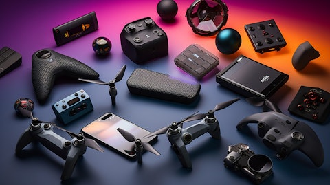 An array of the consumer electronics products, including mobile phones and drones.
