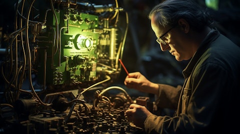 A technician inspecting a complex instrument, relics of advanced technology in the backdrop.