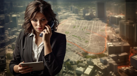 A woman talking on her cellular phone, with a map of a metropolitan area in the background.