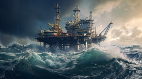 A large oil drilling platform in the ocean, surrounded by turbulent waters.