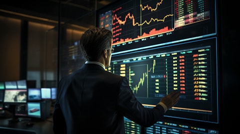 A financial trader actively managing a portfolio of stocks on a high-definition LED touchscreen.