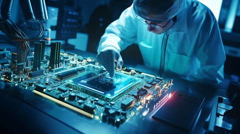 A lab technician inspecting a credit card processor chip.