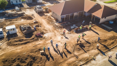Aerial view of a real estate development site with workers on the ground.