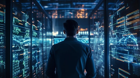 A network administrator monitoring a data center, with a wall of servers in the background.