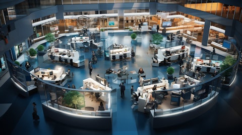 An overhead view of a business center, bustling with activity.