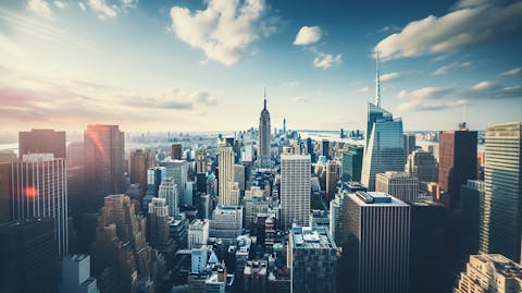 Aerial view of a city's skyline dotted with tall office buildings, symbolizing the success of the Real Estate finance companies.