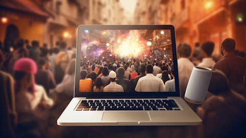 A vibrant online community gathered around a laptop, celebrating diversity of opinion.