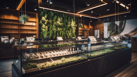 A modern cannabis retail store with a wide selection of products and vaporizers.