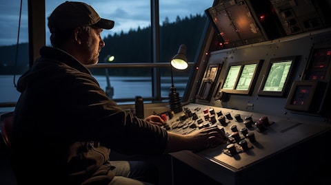 A technician on a boat bridge, demonstrating how to operate the power-shift transmissions.