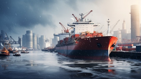 A large oil tanker at a busy port, surrounded by a flurry of industrial activity.