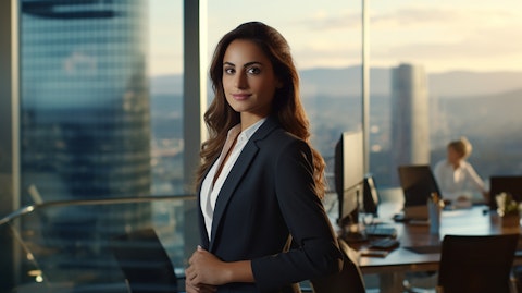 A professional looking banker shaking hands with a client in a modern office with a view of a bustling city in the background.