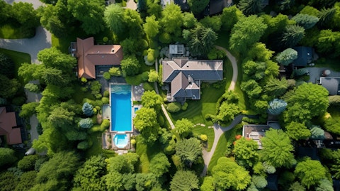 Aerial view of a thriving real estate investment property surrounded by lush green vegetation.