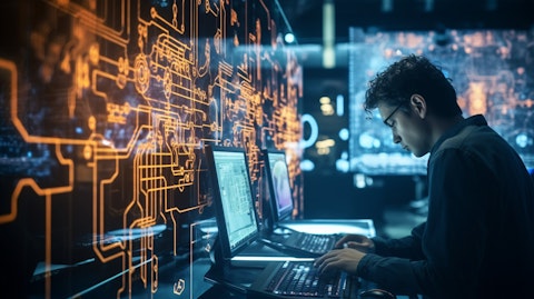 A scientist at a computer station, surrounded by a neural network of artificial intelligence code.